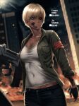  absurdres android blonde_hair breasts cleavage damaged dark_skin fingerless_gloves gloves glowing glowing_eyes highres holding holding_weapon insignia mechanical_parts rob_110101101 tan terminator_(series) the_terminator weapon 