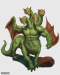  4:5 absurd_res anthro buckovskiart claws full-length_portrait green_body green_eyes heads_together hi_res hydra male male/male monster multi_head mythology portrait rock scalie solo spread_wings wings 