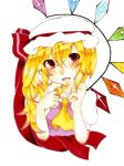  1girl ascot blonde_hair collared_shirt cropped_torso flandre_scarlet hair_between_eyes hat hat_ribbon head_tilt long_hair looking_at_viewer lowres marker_(medium) mikojin_(pixiv2713884) one_side_up open_mouth pink_vest puffy_short_sleeves puffy_sleeves red_eyes red_ribbon ribbon shirt short_sleeves simple_background solo touhou traditional_media upper_body vest white_background white_shirt yellow_ascot 
