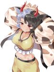  1girl absurdres animal_ears animal_print arms_behind_head arms_up breasts cleavage closed_mouth covered_nipples cow_ears cow_horns cow_print cow_tail gunnjou_yosio haori highres horns japanese_clothes large_breasts midriff multicolored_hair red_eyes red_horns short_hair shorts smile solo split-color_hair tail tank_top touhou ushizaki_urumi white_background yellow_shorts yellow_tank_top 