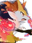  1other animal_ear_fluff animal_ears animal_nose body_fur braixen commentary fang fire fox_ears from_side furry hand_up highres holding holding_stick leaning_forward looking_to_the_side open_mouth other_focus pokemon pokemon_(creature) pyrokinesis red_eyes skin_fang snout solo stick white_fur yellow_fur zen_(koko) 