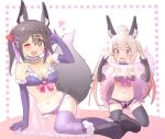  2girls :o ;d ahoge animal_ear_fluff bare_shoulders black_bra black_gloves black_hair black_panties black_thighhighs blonde_hair bow bow_panties bra breasts brown_eyes choker commentary dot_nose double_fox_shadow_puppet elbow_gloves fox_shadow_puppet frilled_bra frilled_choker frilled_panties frills full_body fur-trimmed_gloves fur_trim gloves hair_between_eyes hair_ornament hairclip heart kneeling kyarahiba lifted_by_self light_blush lingerie long_hair looking_at_viewer medium_breasts multicolored_hair multiple_girls navel official_alternate_costume one_eye_closed onii-chan_wa_oshimai! open_mouth oyama_mahiro oyama_mihari panties paw_shoes purple_bra purple_gloves purple_hair purple_panties purple_thighhighs see-through siblings simple_background sisters sitting small_breasts smile thighhighs twintails two-tone_hair underwear very_long_hair white_background yokozuwari 