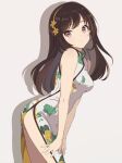  1girl breasts brown_eyes brown_hair china_dress chinese_clothes chocomiru commentary dress english_commentary floral_print hairband hands_on_own_legs highres leaning long_hair looking_at_viewer original side_slit small_breasts smile solo white_background yellow_hairband 