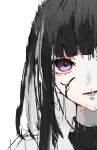  1girl black_blood black_hair black_shirt blood blood_on_face bob_cut clenched_hands closed_mouth highres hime_cut izmtyan looking_at_viewer medium_hair original purple_eyes shirt sweater upper_body white_hair white_sweater 