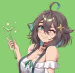  1girl ahoge bare_shoulders black_choker blouse blue_hair bow braid breasts brown_hair choker cleavage closed_mouth colored_inner_hair frilled_shirt frills green_background green_bow green_eyes green_ribbon hair_between_eyes hair_flaps hair_ornament highres holding holding_plant indie_virtual_youtuber light_blush looking_at_viewer medium_breasts medium_hair meica_(vtuber) multicolored_hair off-shoulder_shirt off_shoulder one_eye_closed pendant_choker plant ribbon shirt single_braid smile sparkle sprout sprout-shaped_pupils sprout_pendant star_(symbol) star_hair_ornament strap suspenders tavo two-tone_hair upper_body virtual_youtuber white_shirt 