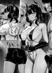  1girl 2boys blush breasts censored censored_nipples cleavage covered_nipples demon_girl demon_horns erection grabbing grabbing_another&#039;s_breast hetero highres horns lynus monochrome multiple_boys naoko-san original sideboob slingshot_swimsuit swimsuit 