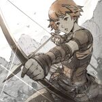  1girl aiming archery armor belt_buckle bird bow_(weapon) brown_eyes brown_hair buckle dorothy_(fire_emblem) fire_emblem fire_emblem:_the_binding_blade freckles holding holding_bow_(weapon) holding_weapon mountain nijihayashi short_hair weapon 