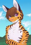  &lt;3 ambiguous_gender anthro brown_hair digital_media_(artwork) fangs felid fur hair hi_res hybrid lagomorph leporid mammal miramore orange_body orange_fur pantherine purple_eyes rabbit short_hair simple_background smile solo stripes teeth tiger whiskers white_body white_fur 