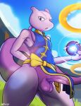  2023 anthro balls clothed clothing detailed_background erection felid feline generation_1_pokemon genitals hi_res humanoid_genitalia humanoid_penis impboyz legendary_pokemon looking_at_viewer male mammal martial_arts_style_mewtwo mewtwo nintendo penis pokemon pokemon_(species) pokemon_unite solo standing white_body 