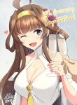  1girl 1other ahoge anniversary blush breasts brown_hair cleavage cocktail cocktail_glass collarbone cup dress drinking_glass flower grey_eyes hair_flower hair_ornament hairband heart highres holding holding_cup jewelry kantai_collection kongou_(kancolle) large_breasts long_hair one_eye_closed open_mouth purple_flower ring shigure_ryuunosuke signature smile twitter_username upper_body wedding_ring white_dress 