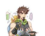  ... 2boys battle_tendency black_spaghetti blonde_hair brown_hair caesar_anthonio_zeppeli facial_mark feather_hair_ornament feathers fingerless_gloves food food_on_face fork gloves grabbing green_eyes green_scarf hair_ornament highres hug hug_from_behind jojo_no_kimyou_na_bouken male_focus multiple_boys pasta pectoral_grab recharging scarf spaghetti spoken_ellipsis striped striped_scarf zhoujo51 