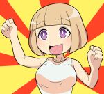  1girl blonde_hair blunt_bangs blush bob_cut breasts bright_pupils clenched_hands commentary_request hospital_king medium_bangs medium_breasts naruse_yuu open_mouth purple_eyes red_background shirt short_hair sleeveless sleeveless_shirt smile solo sunburst sunburst_background two-tone_background upper_body watashi_ga_motenai_no_wa_dou_kangaetemo_omaera_ga_warui! white_pupils white_shirt yellow_background 