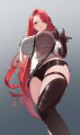  blush breasts character_request cleavage commission copyright_request earrings elbow_gloves from_below gloves highres jewelry large_breasts long_hair looking_at_viewer red_hair short_shorts shorts simple_background single_thighhigh sogogy strap thighhighs tight_top 