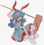  1girl :d ambiguous_red_liquid animal_ears arm_up bloomers blue_dress blue_hair crescent_print dress earclip flat_chest full_body furuuchi grey_background hair_between_eyes highres kine long_bangs long_hair looking_at_viewer mallet no_shoes open_mouth print_dress rabbit_ears rabbit_girl rabbit_tail red_eyes seiran_(touhou) simple_background sitting smile socks solo star_(symbol) star_print tail touhou white_socks 