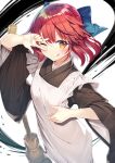  1girl absurdres apron arm_up black_kimono blue_bow bow broom brown_eyes commentary_request frilled_apron frills gurasion_(gurasion) hair_between_eyes hair_bow highres japanese_clothes kimono kohaku_(tsukihime) long_hair long_sleeves looking_at_viewer maid red_hair solo tsukihime v_over_eye wa_maid white_apron white_background wide_sleeves 