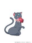  aria ascot black_cat blue_eyes cat copyright copyright_name flower highres hime_granzchesta looking_to_the_side no_humans official_art open_mouth pink_flower red_ascot red_flower simple_background sitting white_background 