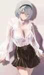  1girl 2b_(nier:automata) alternate_breast_size alternate_costume belt_buckle black_hairband black_nails black_skirt blue_eyes bra breasts buckle cleavage cowboy_shot grey_hair hairband highres large_breasts mole mole_under_mouth nier:automata nier_(series) salmon88 see-through shadow shirt short_hair skirt underwear white_bra white_shirt 