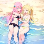  2girls :d ^_^ ahoge ai-assisted bare_legs barefoot beach bikini black_bikini blonde_hair blush bocchi_the_rock! breasts cleavage closed_eyes commentary_request cube_hair_ornament curvy empty_eyes eyes_visible_through_hair feet_out_of_frame frilled_bikini frills front-tie_bikini_top front-tie_top gotou_hitori hair_ornament hair_spread_out highres ijichi_nijika kadohusa_ginpo knee_up large_breasts long_hair lying multiple_girls navel ocean off_shoulder on_back one_side_up open_mouth outdoors parted_bangs pink_hair red_ribbon ribbon shaded_face shiny_skin side-by-side side_ponytail sidelocks small_breasts smile soaking_feet stomach swimsuit very_long_hair waves wet wet_hair white_ribbon yellow_bikini yuri 
