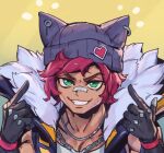  1boy animal_ears bandaid bandaid_on_face bandaid_on_nose black_headwear green_eyes grin hands_up heartsteel_sett index_finger_raised jewelry league_of_legends muscular muscular_male necklace orange_background phantom_ix_row red_hair short_hair smile solo teeth 