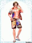  1boy abs adjusting_eyewear brown_hair copyright_name egasumi floral_print full_body hand_on_own_hip hawaiian_shirt jewelry looking_at_viewer male_focus male_swimwear mizuki_apple navel necklace pandora_party_project parted_bangs pectorals sandals shirt smile solo standing sunglasses swim_trunks white_background 