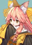  1girl animal_ear_fluff animal_ears bare_shoulders blue_background bow commentary_request fate/samurai_remnant fate_(series) fox_ears hair_bow japanese_clothes kimono long_hair mogullaz open_mouth short_eyebrows simple_background sketch sleeves_past_fingers sleeves_past_wrists solo tamamo_(fate) tamamo_aria upper_body wide_sleeves yellow_eyes yellow_kimono 