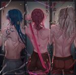  1girl 2boys back back_focus back_tattoo bird blade_(honkai:_star_rail) blue_hair brown_pants brown_shorts chikenryice chinese_text grey_hair grey_pants highres honkai:_star_rail honkai_(series) jing_yuan kafka_(honkai:_star_rail) multiple_boys pants ponytail red_hair shorts spider_web_tattoo tattoo topless topless_male 