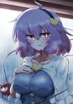  1girl :d ahoge breasts bright_pupils collarbone hair_ornament hairband hand_on_own_chest hand_up heart heart_hair_ornament highres komeiji_satori large_breasts light_smile looking_at_viewer parted_lips purple_hair rain red_eyes scavia10 smile solo third_eye touhou upper_body white_pupils 