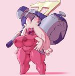  areola babyhunt4 big_breasts breasts eyelashes featureless_feet female generation_9_pokemon genitals hammer hand_on_hip hi_res holding_hammer holding_object holding_tool holding_weapon huge_breasts humanoid nintendo nipples nude open_mouth open_smile pink_areola pink_background pink_body pink_nipples pokemon pokemon_(species) purple_eyes pussy short_stack simple_background slightly_chubby smile solo thick_thighs tinkaton tools weapon wide_hips 