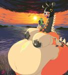  2022 anthro beverage_can big_breasts binary_drawing breasts colored farigiraf female generation_9_pokemon grass hand_on_hip hi_res lake lakeside lips mountain navel nintendo nipples overweight plant pokemon pokemon_(species) solo stormdragonblue sunset thick_lips water 