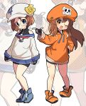  2girls april_(guilty_gear) bike_shorts black_gloves blue_eyes brown_eyes brown_hair cabbie_hat fingerless_gloves full_body gloves guilty_gear guilty_gear_strive hat hat_ornament highres hood hoodie itsuka_neru long_hair long_sleeves looking_at_viewer may_(guilty_gear) medium_hair multiple_girls open_mouth orange_footwear orange_headwear orange_hoodie pirate_hat round_eyewear sailor_collar short_hair skull_and_crossbones skull_hat_ornament smile standing 