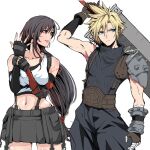  1boy 1girl artist_name bare_shoulders black_pants black_sweater_vest blonde_hair blue_eyes brown_eyes brown_hair brown_shorts cloud_strife crazy02oekaki elbow_gloves final_fantasy final_fantasy_vii fingerless_gloves gloves highres holding holding_sword holding_weapon long_hair looking_at_another midriff navel pants ribbed_sweater shorts shoulder_guard spiked_hair suspenders sweater sweater_vest sword sword_behind_back tifa_lockhart weapon white_background wrist_guards 