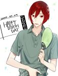 1boy buttons character_name collared_shirt commentary confetti dated flower green_shirt hagiwara_daisuke hair_between_eyes hand_fan happy_birthday holding holding_fan hori-san_to_miyamura-kun looking_at_viewer lower_teeth_only male_focus open_mouth red_eyes red_hair sengoku_kakeru shirt short_hair short_sleeves solo sweat teeth upper_body white_background 