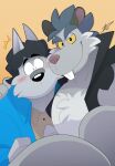  2023 absurd_res anthro black_nose blush brok_the_investigator canid canine canis clothing duo embrace grey_body hi_res hikazedragon hug male mammal murid murine rat rodent shirt simple_background squealers_chief topwear wolf 