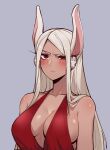  1girl 7a_(se7ena) animal_ears bare_shoulders blush boku_no_hero_academia breasts cleavage collarbone commentary dark-skinned_female dark_skin dress frown grey_background hair_over_shoulder highres large_breasts long_eyelashes long_hair looking_at_viewer mirko parted_bangs rabbit_ears rabbit_girl raised_eyebrow red_dress red_eyes sideboob solo symbol-only_commentary uneven_eyes upper_body white_hair 