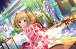  1boy 5girls ahoge arm_support bag barefoot bench blue_kimono blush bow bracelet breasts brown_hair dutch_angle eyelashes feet food_print foot_out_of_frame game_cg green_eyes green_sash grey_kimono hair_bow hair_ribbon hand_on_own_leg handbag idolmaster idolmaster_cinderella_girls idolmaster_cinderella_girls_starlight_stage japanese_clothes jewelry kimono leaning_to_the_side lens_flare long_sleeves looking_at_viewer multiple_girls obi obijime official_art open_mouth outdoors pink_kimono pink_sash print_kimono purple_sash red_bow red_ribbon red_sash ribbon sandals sash sato_shin sitting solo_focus strawberry_print swept_bangs toenails toes twintails wide_sleeves 