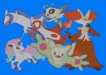  blue_background blue_eyes celebi closed_mouth delphox fire full_body galarian_ponyta holding horns latias latios no_humans orange_eyes pokemon pokemon_(creature) red_eyes reuniclus simple_background single_horn v_(govvvvw) 