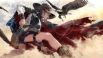  1girl bird breasts cape cowboy_hat eagle earrings eloiti_(iron_saga) falling_feathers grey_hair gun hat holding holding_gun holding_weapon holding_whip holster iron_saga jewelry official_art outdoors revolver short_hair smirk torn_cape torn_clothes weapon 