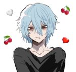  1boy ametaro_(ixxxzu) black_shirt blue_hair boku_no_hero_academia cherry food fruit glaring heart highres light_blue_hair looking_at_viewer male_focus red_eyes shigaraki_tomura shirt short_hair simple_background solo upper_body white_background 