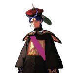  1girl black_robes blue_hair buttons capelet chaofu china chinese_clothes chinese_empire embroidery feathers hat long_sleeves original qing_dynasty qing_guanmao red_eyes third_eye yamikuro_tenrimaru 
