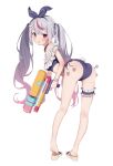  1girl bare_legs feet gradient_hair hair_ornament hairband hairclip heel_up highres legband legs long_hair multicolored_hair purple_hair rabbit_girl rabbit_tail sandals soles solo swimsuit tail tosaki_mimi twintails virtual_youtuber vspo! water_gun yadon_otaku 