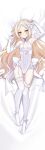  1girl alternate_costume armpits ass_visible_through_thighs blonde_hair blush breasts bridal_gauntlets bride cleavage closed_mouth counter:side dakimakura_(medium) full_body laura_beatrix long_hair looking_at_viewer official_alternate_costume official_art small_breasts solo thighhighs yellow_eyes 