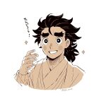  1boy aged_up blush_stickers brown_theme bruise cropped_shoulders forked_eyebrows hair_slicked_back hand_up injury japanese_clothes kimetsu_no_yaiba kimono kkk_0mg kotetsu_(kimetsu_no_yaiba) long_sleeves looking_at_viewer male_focus medium_hair monochrome no_mask portrait simple_background smile solo sparkle twitter_username 