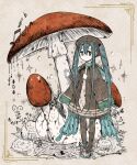  1girl animal_print aqua_eyes aqua_hair brown_dress brown_headwear bug_miku_(project_voltage) butterfly_print dress giant_mushroom hair_through_headwear hat hatsune_miku highres kuiruri leaf long_hair long_sleeves looking_at_viewer mushroom musical_note necktie pokemon project_voltage sidelocks twintails very_long_hair vocaloid 