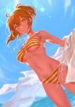  1girl :&lt; ahoge bikini blue_sky breasts commentary_request fate/grand_order fate_(series) fujimaru_ritsuka_(female) fujimaru_ritsuka_(female)_(brilliant_summer) hair_ornament hair_scrunchie highres medium_breasts navel o-ring o-ring_bikini ocean orange_eyes orange_hair outdoors ponytail scrunchie shirt side-tie_bikini_bottom sky solo striped striped_bikini swimsuit uni_(nico02) yellow_scrunchie 