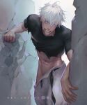  1boy abs artist_name artistdkt black_shirt blood blood_from_mouth blood_on_face blue_eyes clothes_pull extra_eyes gojou_satoru highres jujutsu_kaisen male_focus navel pants pants_pull shirt short_hair smile solo teeth toned toned_male torn_clothes torn_shirt white_hair white_pants 