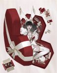  1girl 39mix absurdres animal_ears black_hair blunt_bangs box candy cleavage_cutout clothing_cutout dress food heart-shaped_box highres long_hair looking_at_viewer original rabbit rabbit_ears rabbit_girl solo white_dress 