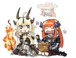 2girls ahoge arknights bagpipe_(arknights) black_gloves black_pantyhose blonde_hair closed_eyes commentary dragon_girl dragon_horns english_commentary flame-tipped_tail flower gloves grey_eyes hat horns infection_monitor_(arknights) kneehighs long_hair long_sleeves multiple_girls namieeesss no_pupils official_alternate_costume open_mouth orange_hair pantyhose potato reed_(arknights) reed_the_flame_shadow_(arknights) seiza short_sleeves sidelocks simple_background sitting smile socks straw_hat sweatdrop white_background white_flower 