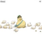  bird blue_bag bottle_cap closed_eyes diva_(hyxpk) duck duckling english_commentary food frog_headband highres no_humans numbered original page_number popcorn simple_background white_background 