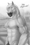  2023 anthro armpit_hair biceps body_hair deltoids dream_and_nightmare english_text equid equine genitals greeting greyscale hi_res horse male mammal monochrome muscular muscular_male nude pecs penis penis_base pubes solo straw_in_mouth text 