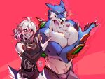  1boy 1girl absurdres ahoge akaru_(akarugon) briar_(league_of_legends) closed_eyes colored_sclera colored_skin detached_sleeves fingernails furry furry_male grey_hair hair_between_eyes highres jujutsu_kaisen league_of_legends long_hair looking_at_viewer multicolored_hair muscular muscular_male no_pupils open_mouth parody pointy_ears red_background scar scar_on_face sharp_fingernails sharp_teeth sidelocks simple_background smile sparkle standing streaked_hair teeth two-tone_hair vampire warwick white_eyes wolf 